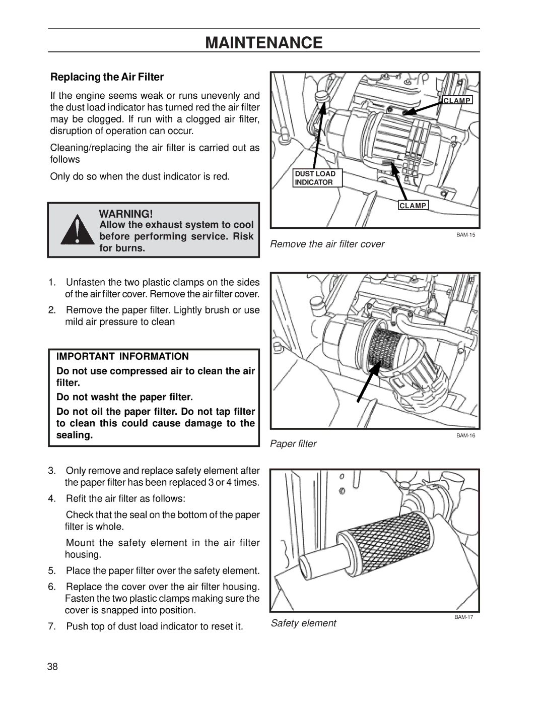 Yazoo/Kees ZHDD61271, ZHDD72341 manual Replacing the Air Filter, Remove the air filter cover, Paper filter Safety element 