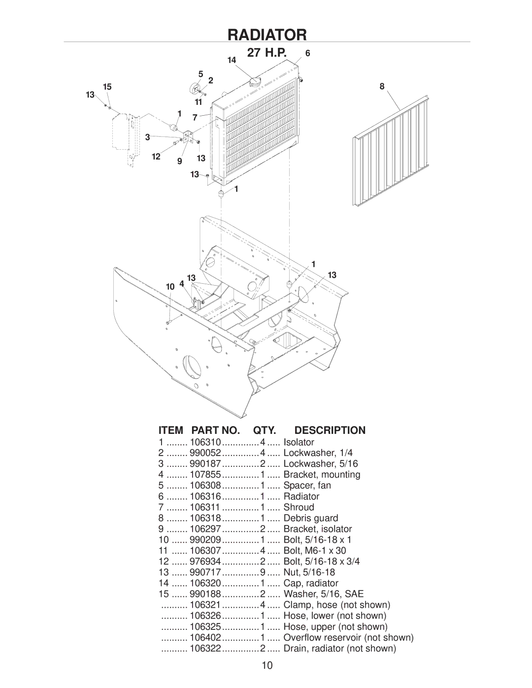 Yazoo/Kees ZHDD72340, ZHDD61340, ZHDD61270 manual Radiator, QTY Description 