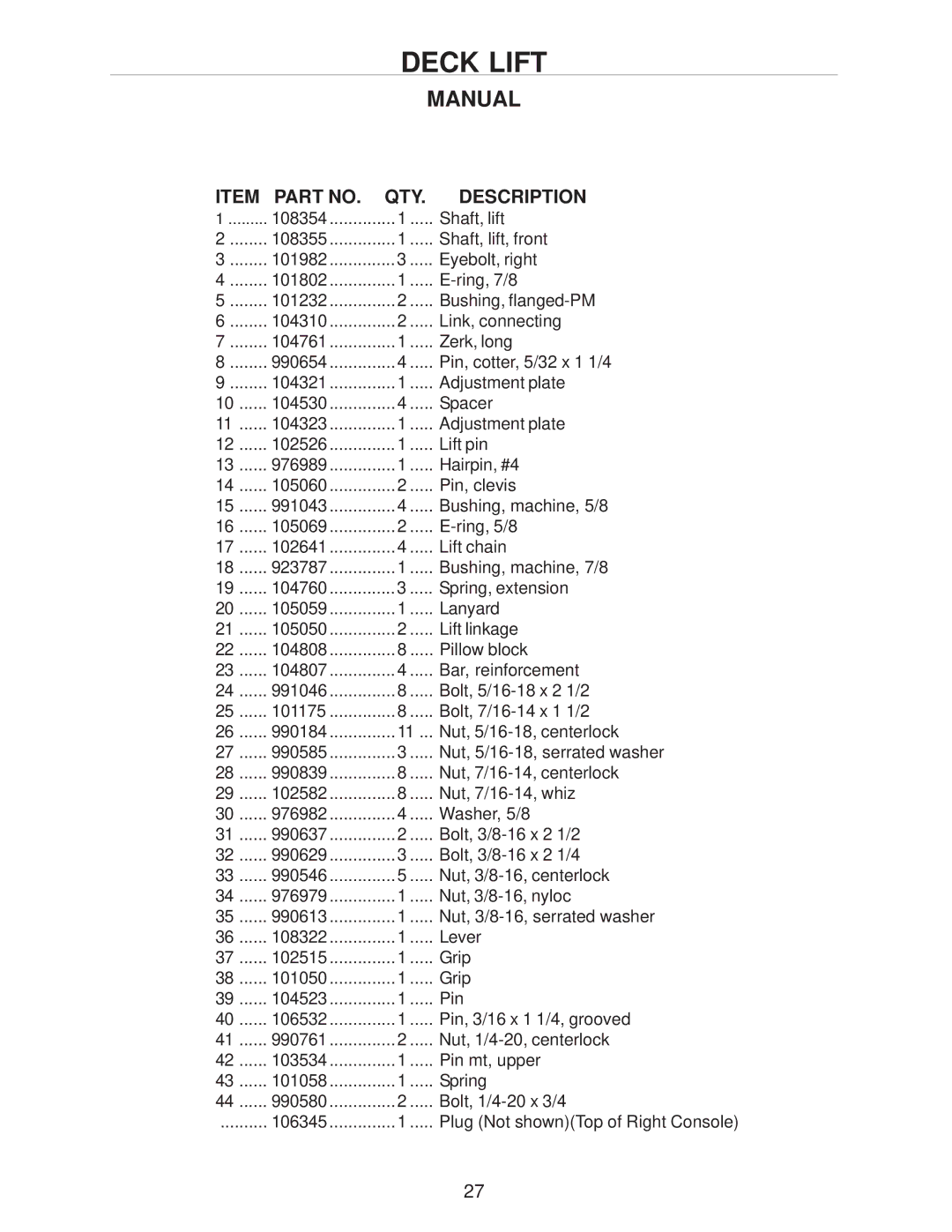 Yazoo/Kees ZHDD61340, ZHDD72340, ZHDD61270 manual Shaft, lift 