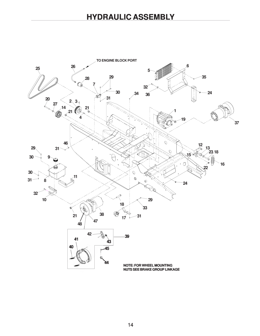 Yazoo/Kees ZHDD61270 manual Hydraulic Assembly, To Engine Block Port, Note For Wheel Mounting, Nuts See Brake Group Linkage 