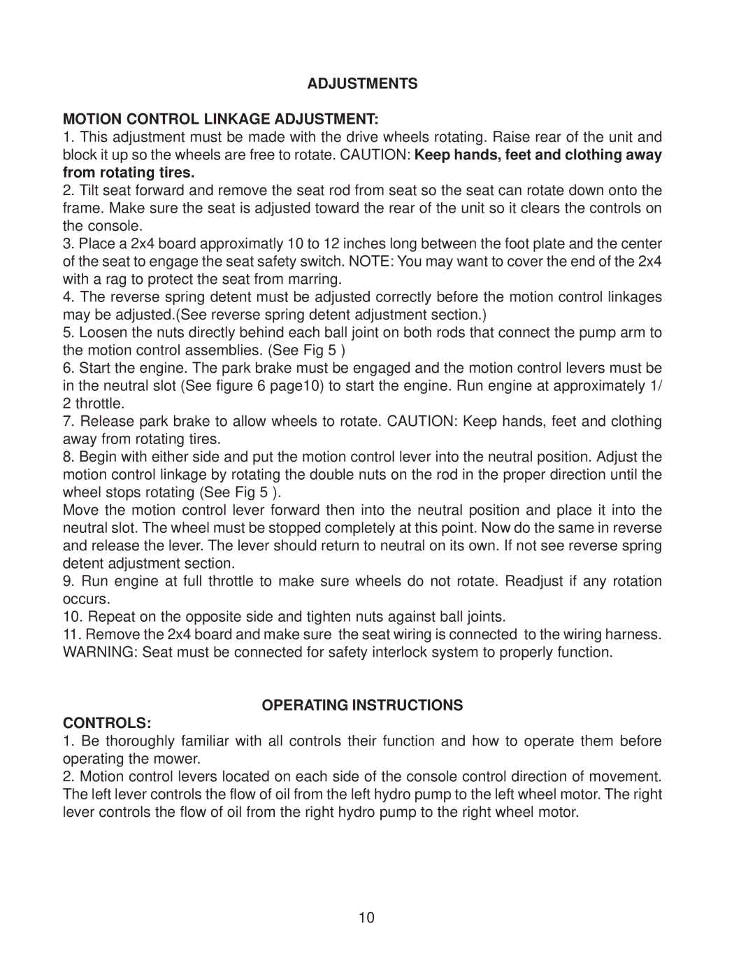 Yazoo/Kees ZKH52222, ZKH52252, ZKH61252 Adjustments Motion Control Linkage Adjustment, Operating Instructions Controls 