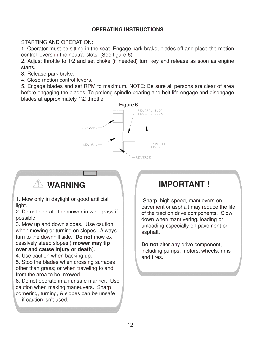 Yazoo/Kees ZKH52252, ZKH52222, ZKH61252 important safety instructions Starting and Operation 