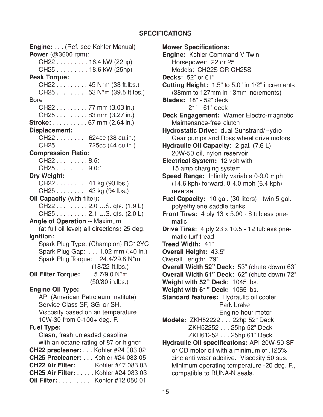 Yazoo/Kees ZKH52252, ZKH52222, ZKH61252 important safety instructions Specifications, Peak Torque 