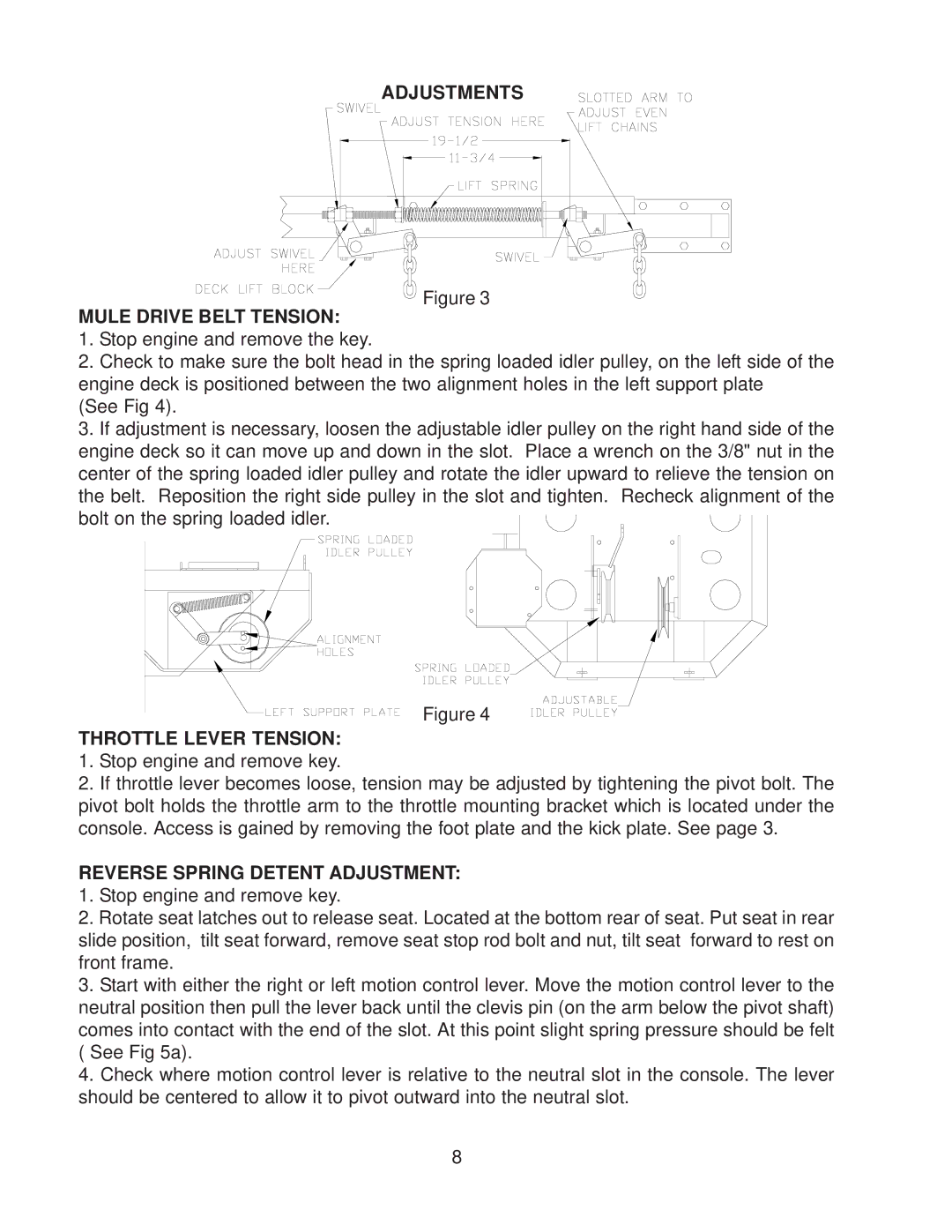 Yazoo/Kees ZKH61252 Adjustments Mule Drive Belt Tension, Throttle Lever Tension, Reverse Spring Detent Adjustment 