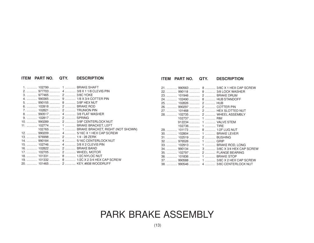 Yazoo/Kees ZKH61250, ZKH61220, ZKH52220, ZKH52250 manual Park Brake Assembly 