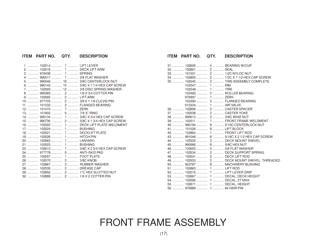 Yazoo/Kees ZKH61250, ZKH61220, ZKH52220, ZKH52250 manual Front Frame Assembly 