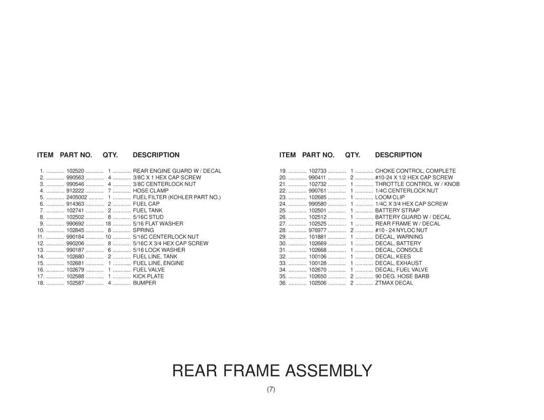 Yazoo/Kees ZKH52250, ZKH61220, ZKH61250, ZKH52220 manual Rear Frame Assembly 