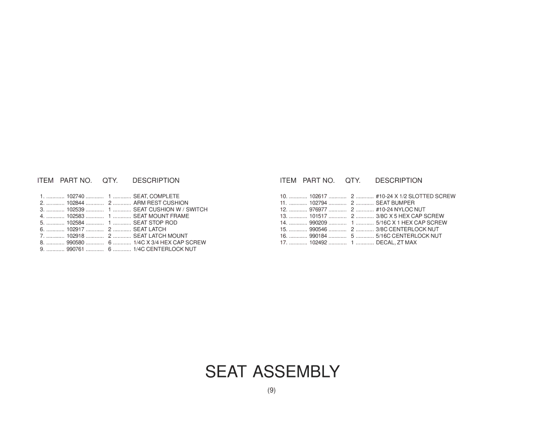 Yazoo/Kees ZKH61250, ZKH61220, ZKH52220, ZKH52250 manual Seat Assembly 