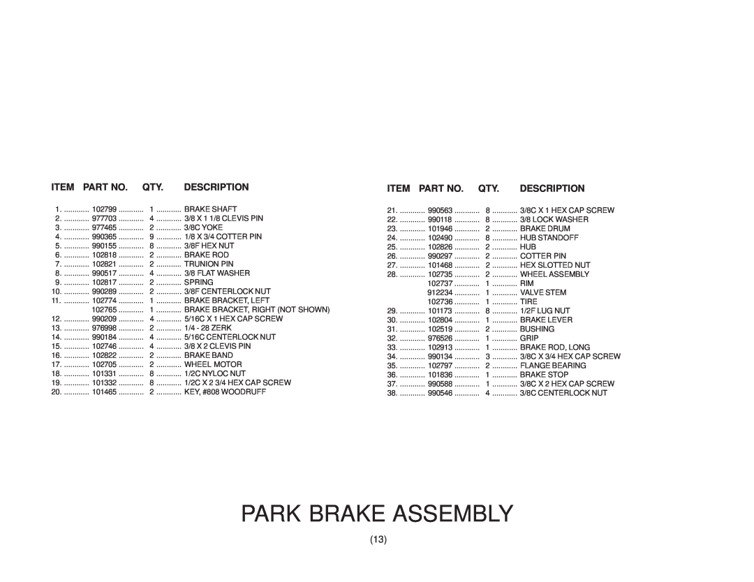 Yazoo/Kees ZKH61250, ZKH61220, ZKH52220, ZKH52250 manual Park Brake Assembly, Description 