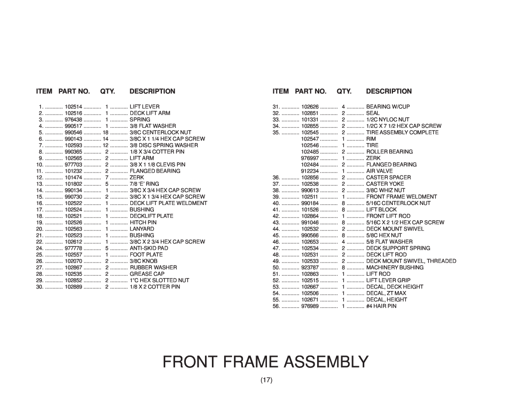 Yazoo/Kees ZKH61250, ZKH61220, ZKH52220, ZKH52250 manual Front Frame Assembly, Description 