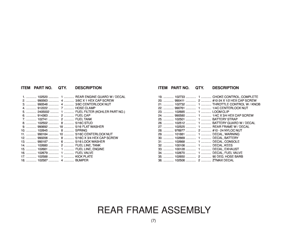 Yazoo/Kees ZKH52250, ZKH61220, ZKH61250, ZKH52220 manual Rear Frame Assembly, Description 