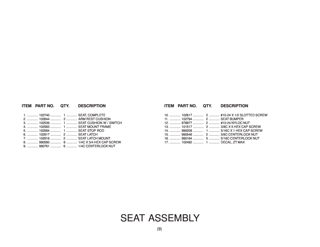 Yazoo/Kees ZKH61250, ZKH61220, ZKH52220, ZKH52250 manual Seat Assembly, Description 