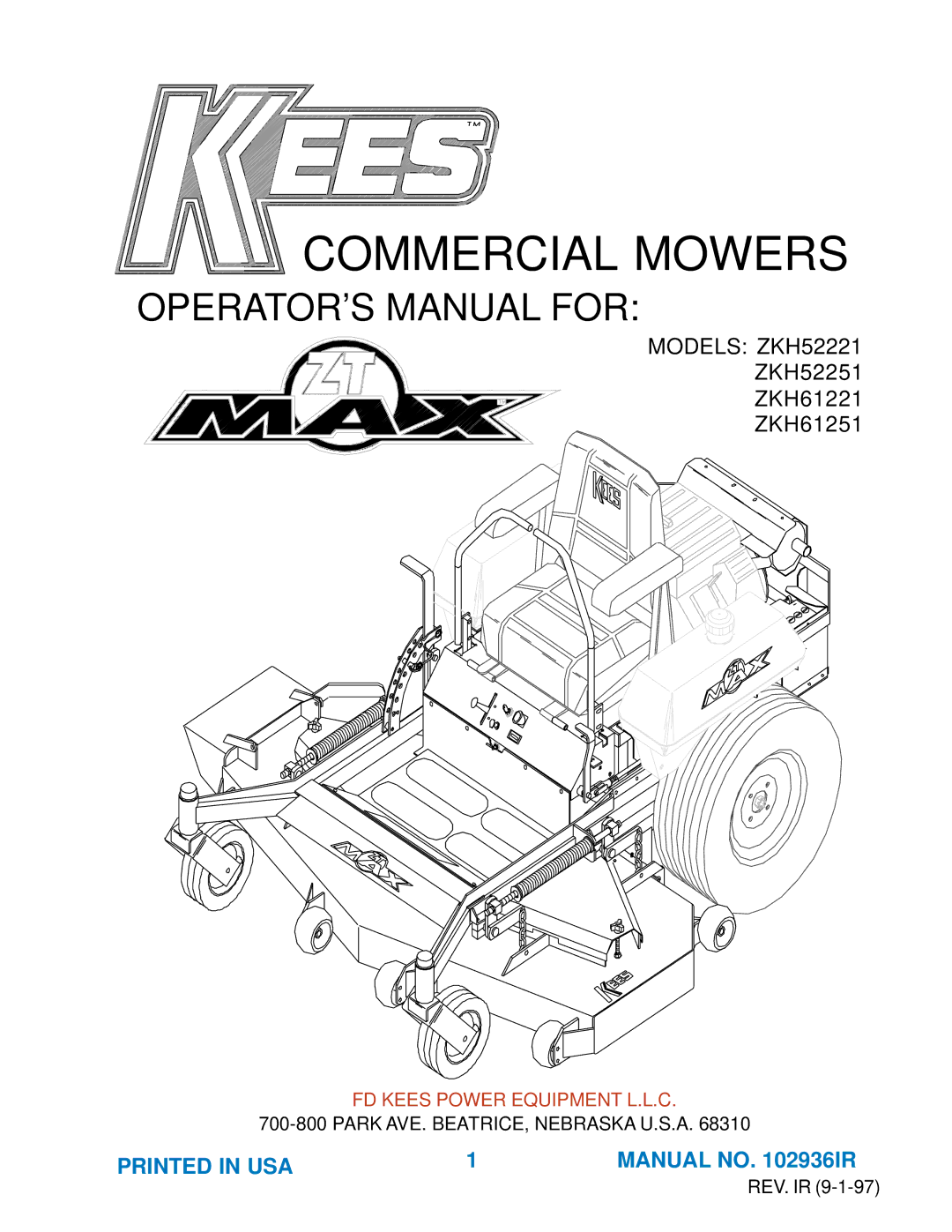 Yazoo/Kees ZKH61221, ZKH61251, ZKH52221, ZKH52251 manual Commercial Mowers 