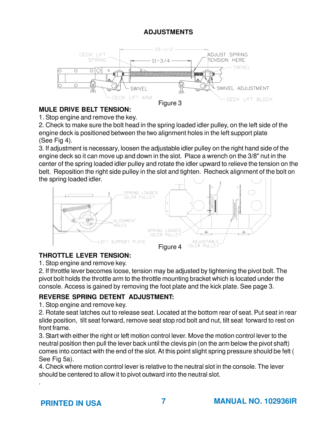 Yazoo/Kees ZKH52251 manual Adjustments Mule Drive Belt Tension, Throttle Lever Tension, Reverse Spring Detent Adjustment 