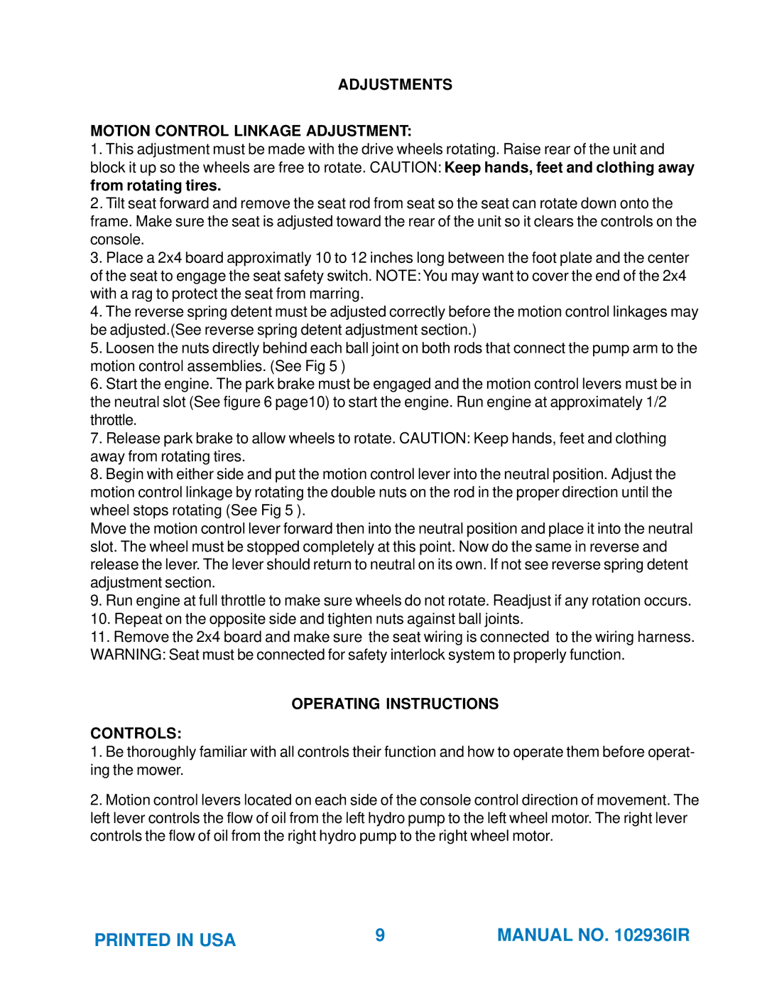 Yazoo/Kees ZKH61221, ZKH61251, ZKH52221 manual Adjustments Motion Control Linkage Adjustment, Operating Instructions Controls 