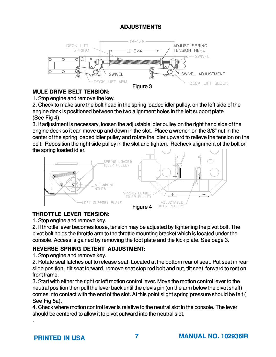 Yazoo/Kees ZKH52251 manual Adjustments, Mule Drive Belt Tension, Throttle Lever Tension, Reverse Spring Detent Adjustment 