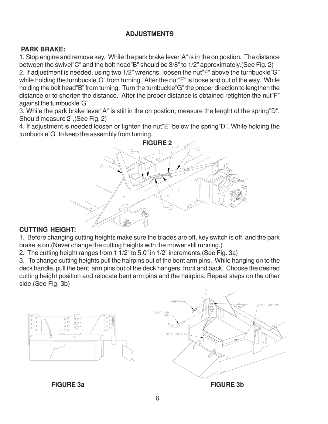 Yazoo/Kees ZKW42170, ZKW48170, ZKW48190 important safety instructions Adjustments Park Brake, Cutting Height 