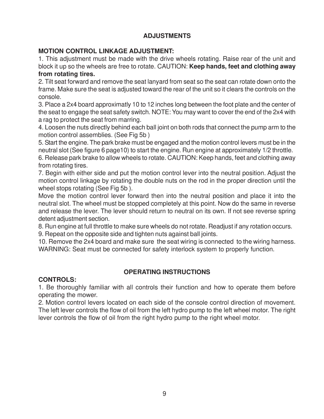 Yazoo/Kees ZKW42170, ZKW48170, ZKW48190 Adjustments Motion Control Linkage Adjustment, Operating Instructions Controls 