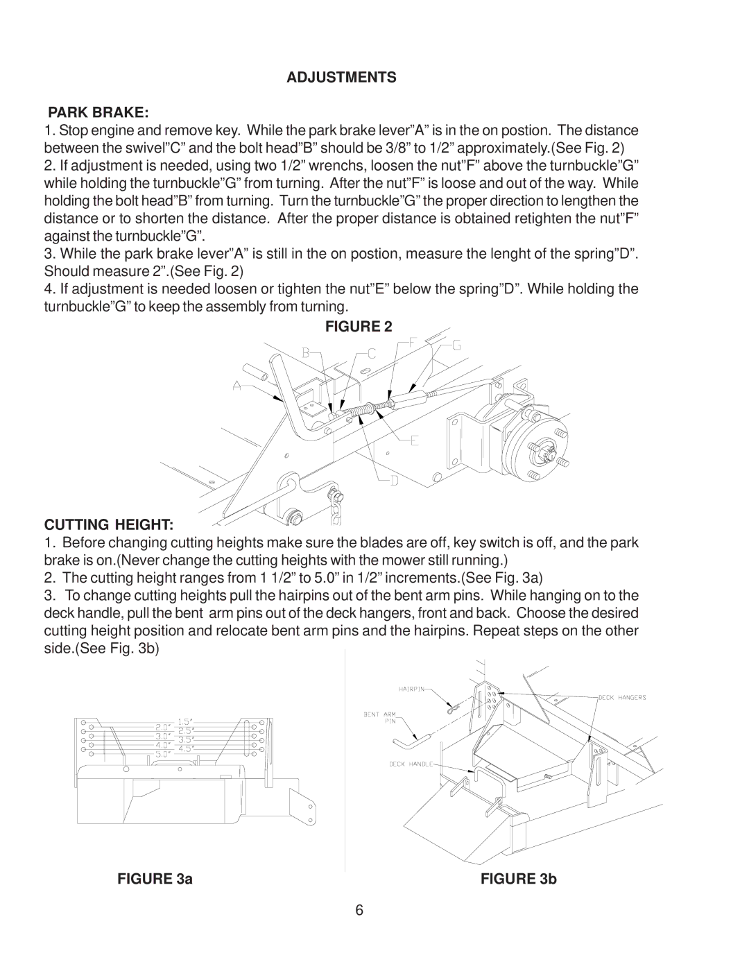 Yazoo/Kees ZKW42171, ZKW42172, ZKW42182 important safety instructions Adjustments Park Brake, Cutting Height 