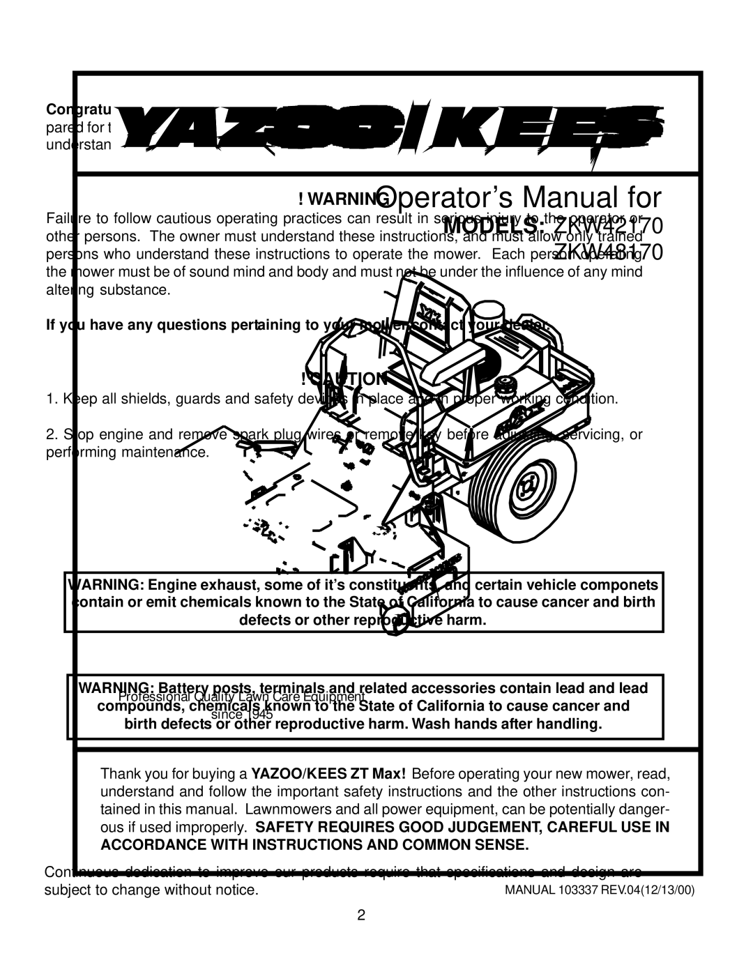 Yazoo/Kees ZKW48170, ZKW42170 important safety instructions 