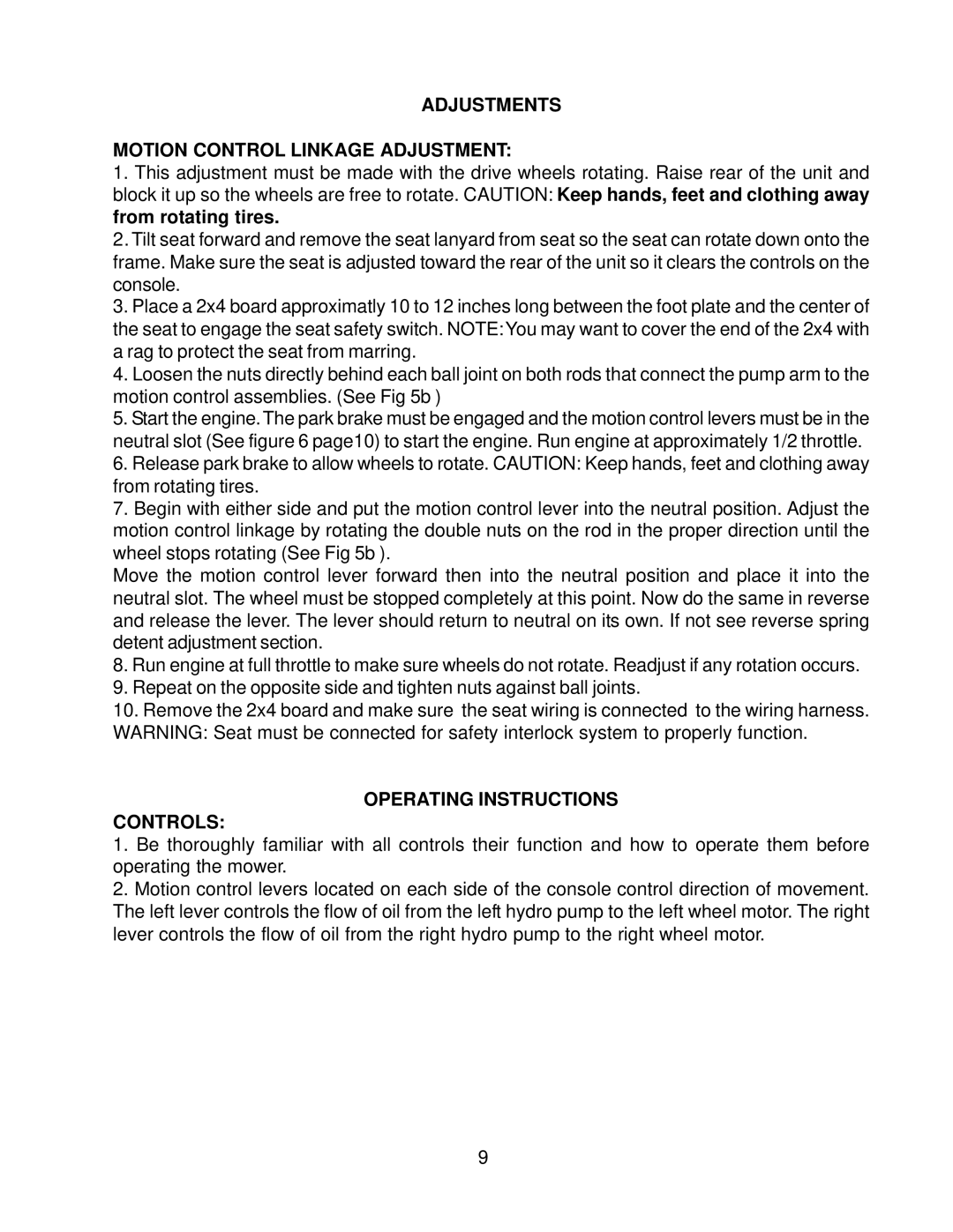 Yazoo/Kees ZKW42170, ZKW48170 Adjustments Motion Control Linkage Adjustment, Operating Instructions Controls 