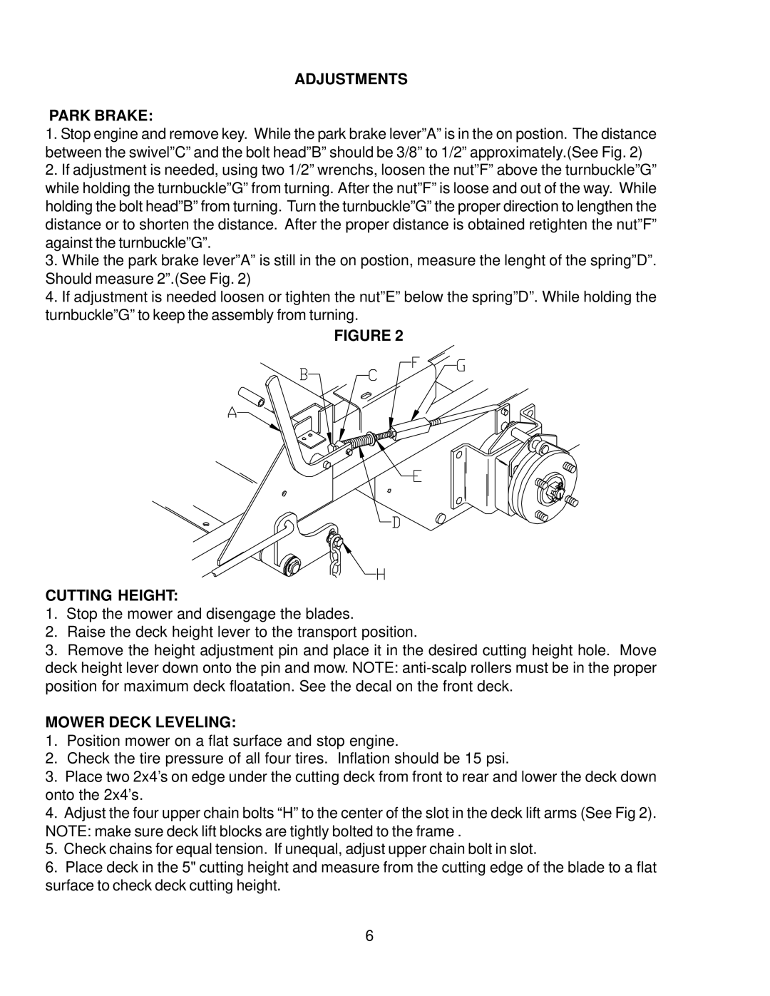 Yazoo/Kees ZKWQL48170, ZKWQL48190 important safety instructions Adjustments Park Brake, Cutting Height, Mower Deck Leveling 