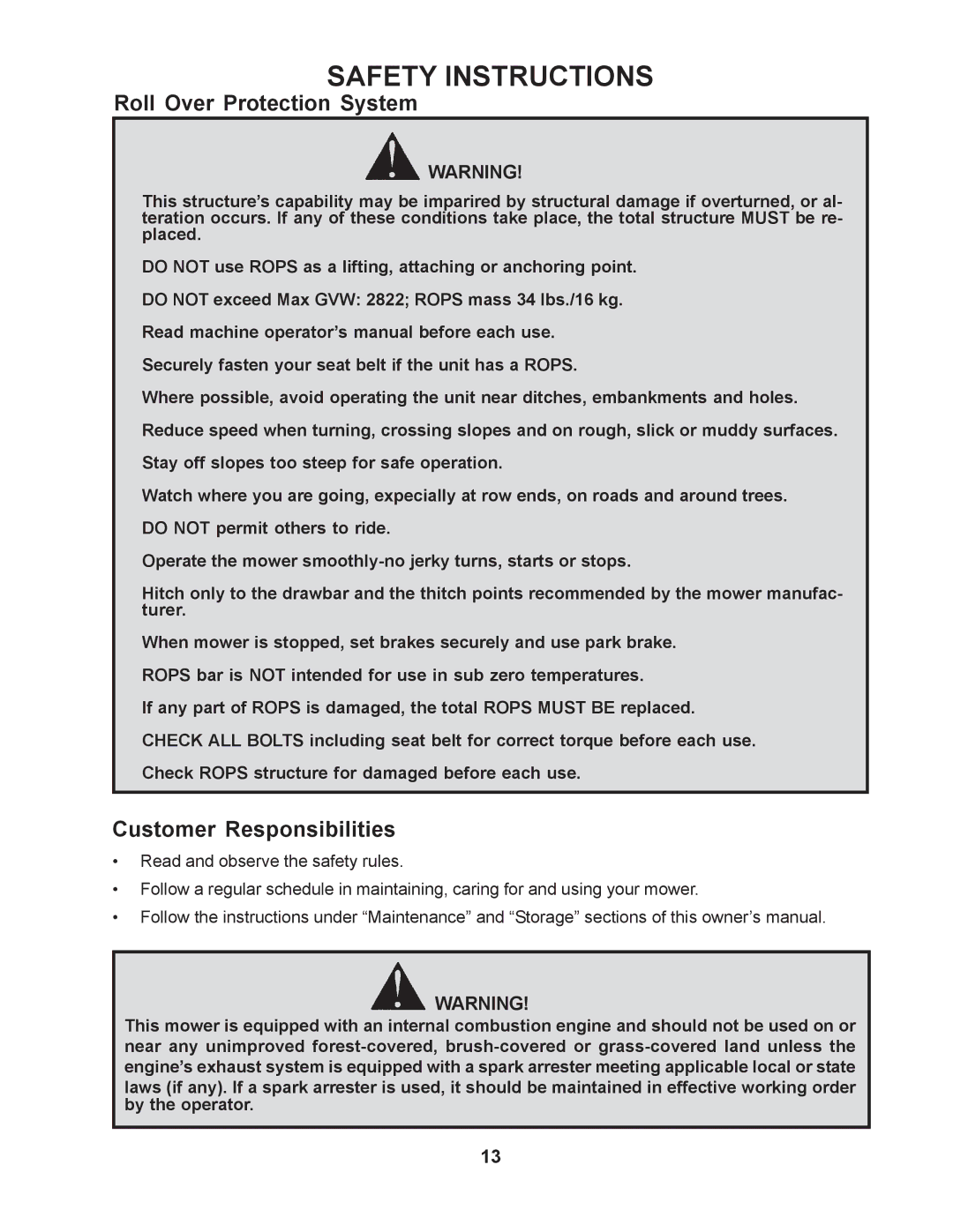 Yazoo/Kees ZMBI48181, ZMKW48191, ZMKW52211, ZMKW52231, ZMKH52231, ZMKW61231 manual Roll Over Protection System 