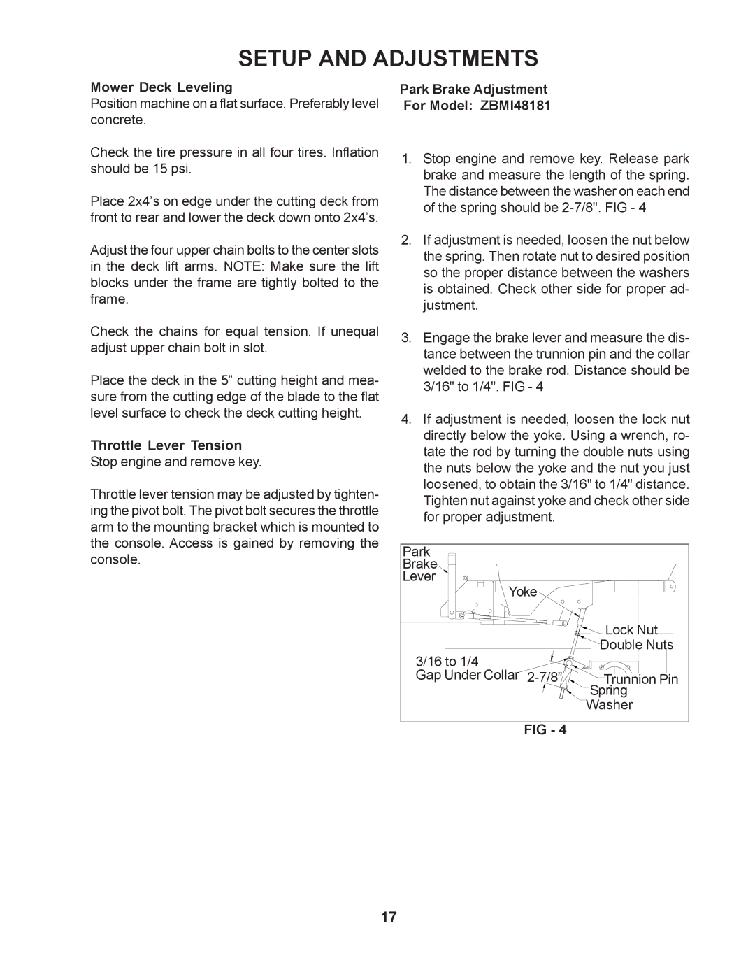 Yazoo/Kees ZMBI48181, ZMKW48191, ZMKW52211, ZMKW52231, ZMKH52231, ZMKW61231 Mower Deck Leveling, Throttle Lever Tension 