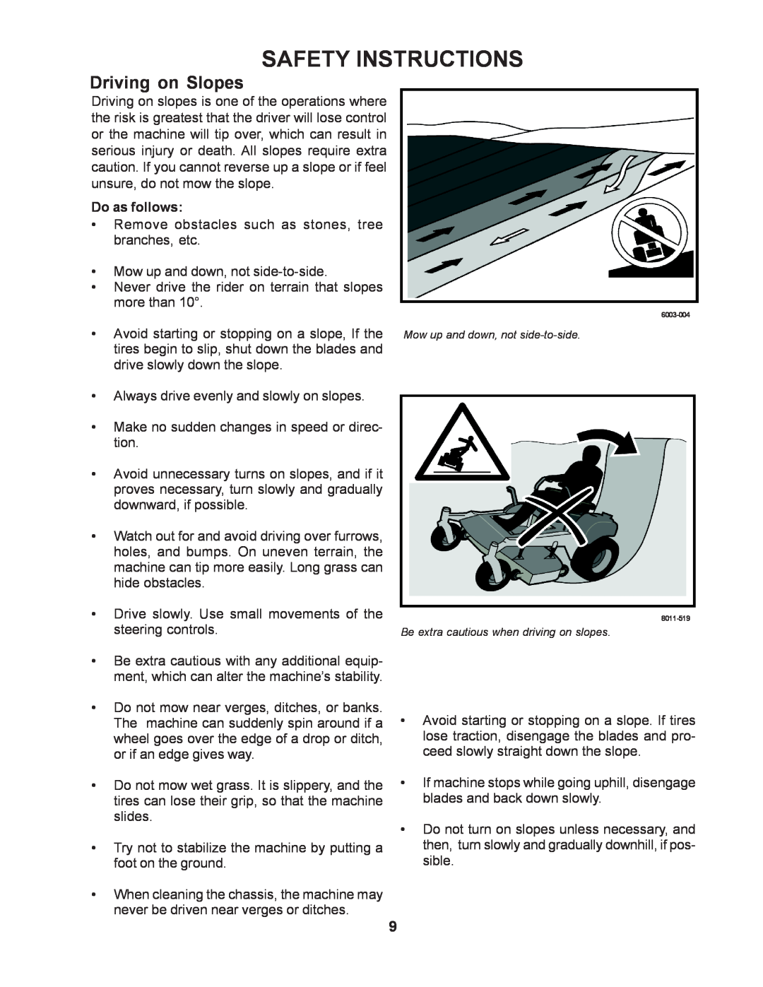 Yazoo/Kees ZMBI48181, ZMKW48191, ZMKW52211, ZMKW52231, ZMKH52231, ZMKW61231 manual Driving on Slopes, Safety Instructions 