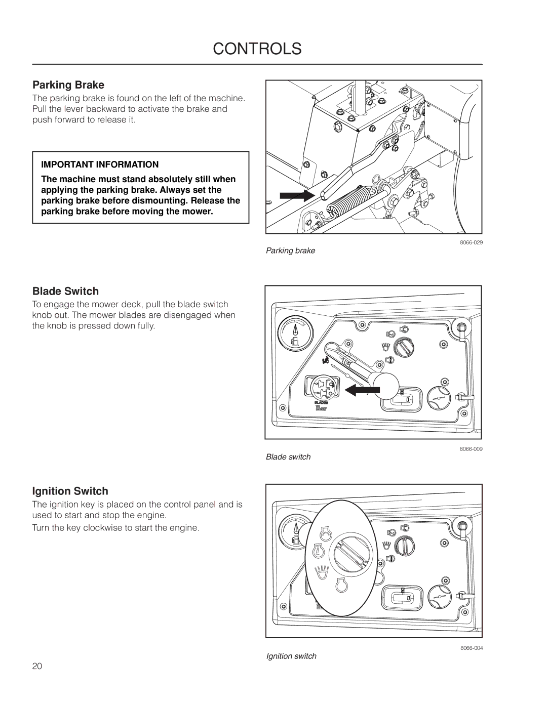 Yazoo/Kees ZMKW 5222, ZMKW 6124 manual Parking Brake, Blade Switch, Ignition Switch 