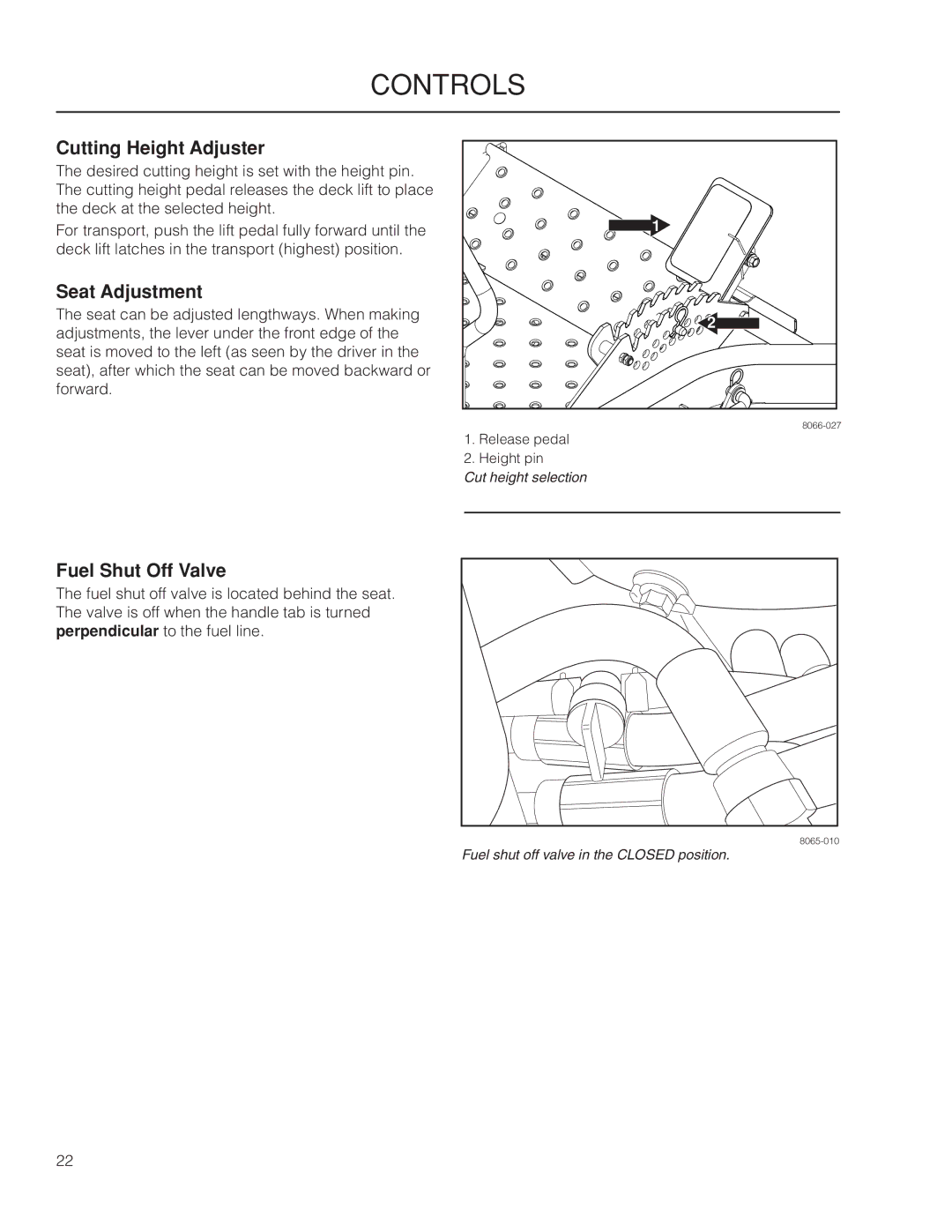 Yazoo/Kees ZMKW 5222, ZMKW 6124 manual Cutting Height Adjuster, Seat Adjustment, Fuel Shut Off Valve 