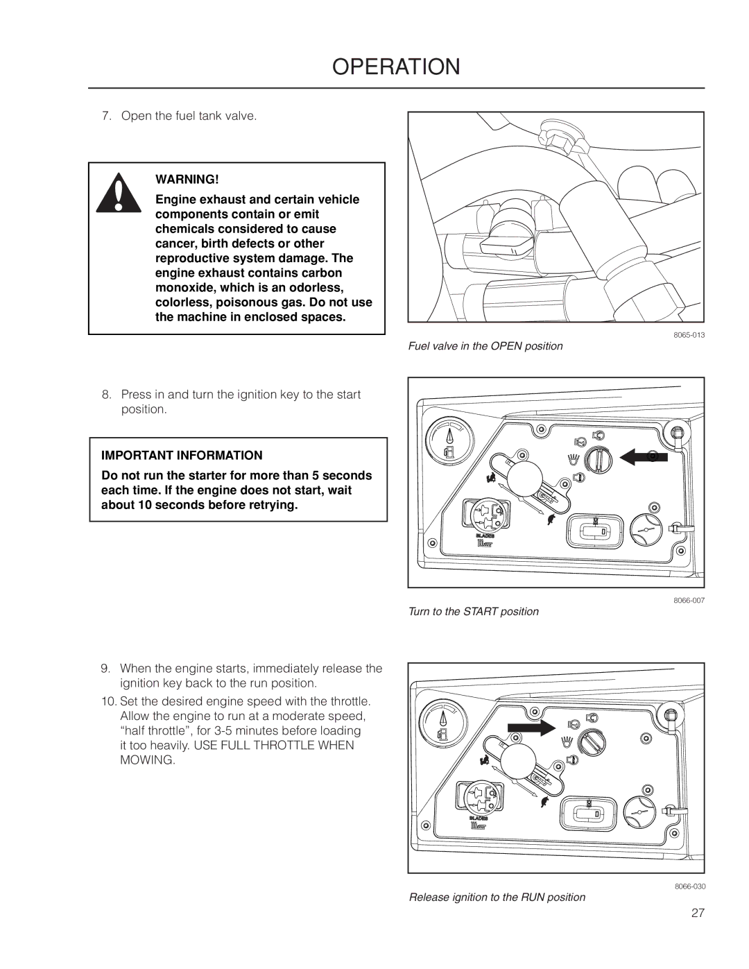 Yazoo/Kees ZMKW 6124, ZMKW 5222 manual Open the fuel tank valve 