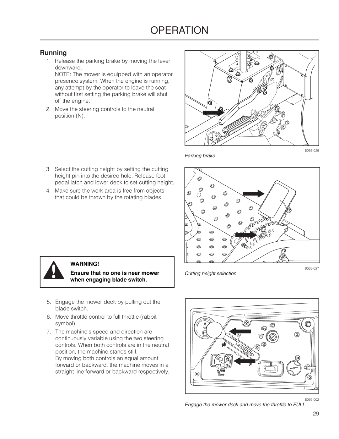 Yazoo/Kees ZMKW 6124, ZMKW 5222 manual Running, Ensure that no one is near mower when engaging blade switch 