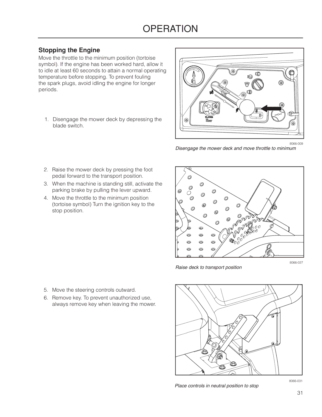 Yazoo/Kees ZMKW 6124, ZMKW 5222 manual Stopping the Engine 