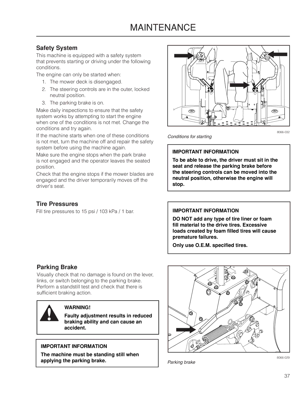 Yazoo/Kees ZMKW 6124, ZMKW 5222 manual Safety System, Tire Pressures 