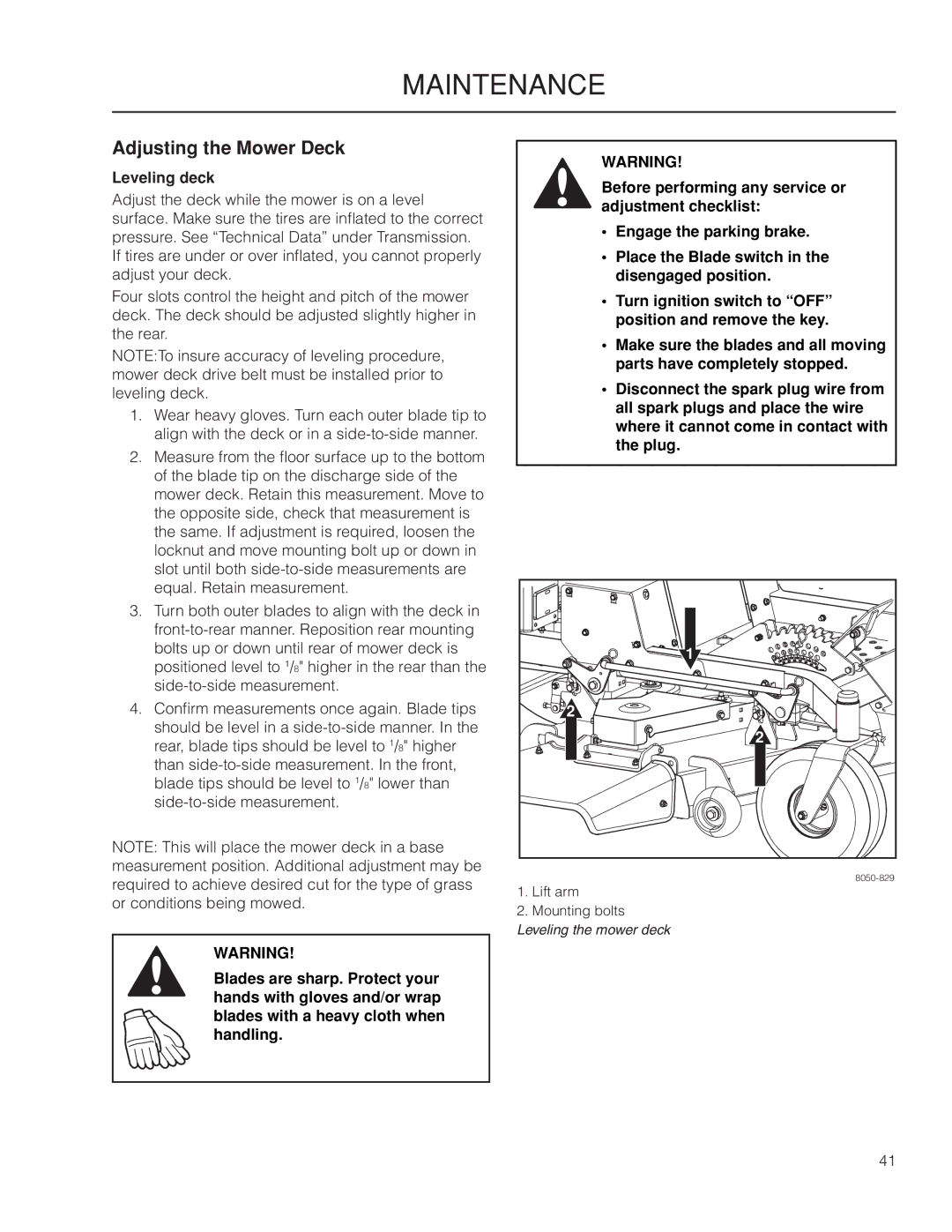 Yazoo/Kees ZMKW 6124, ZMKW 5222 manual Adjusting the Mower Deck, Leveling deck 