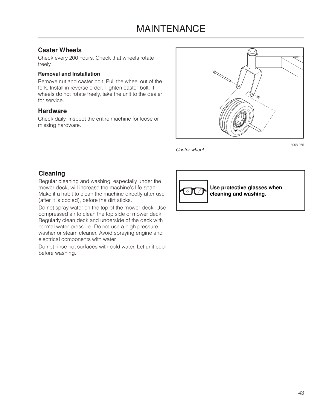 Yazoo/Kees ZMKW 6124, ZMKW 5222 manual Caster Wheels, Hardware, Cleaning, Removal and Installation 