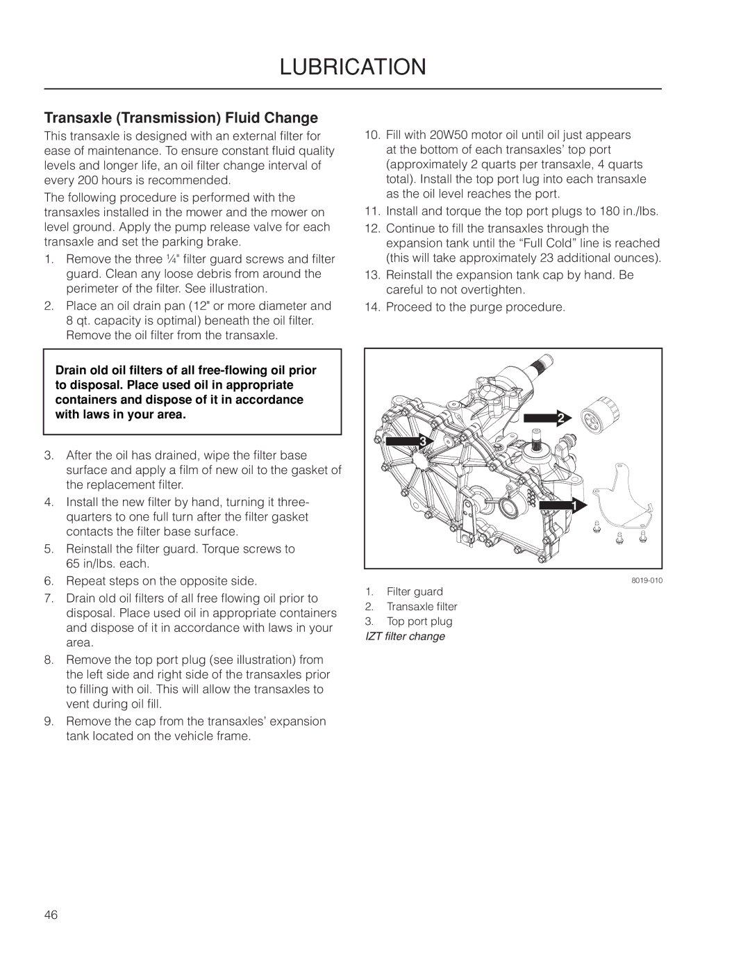 Yazoo/Kees ZMKW 5222, ZMKW 6124 manual Transaxle Transmission Fluid Change 