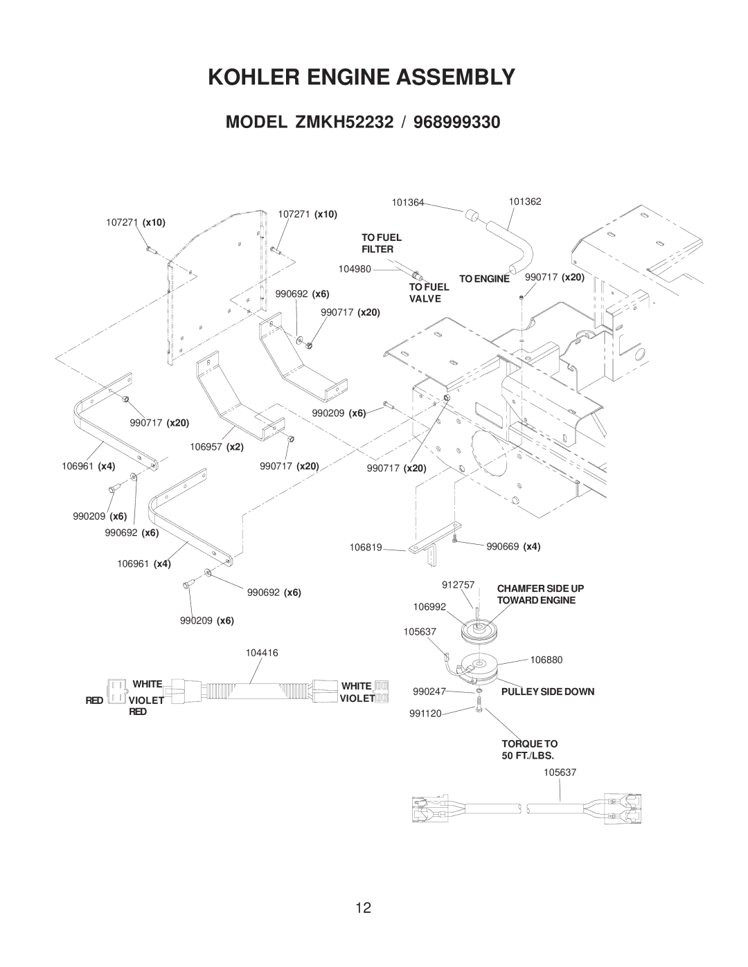 Yazoo/Kees ZMKW4817 manual Kohler Engine Assembly, Model ZMKH52232 