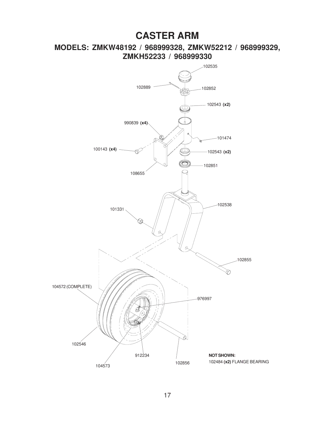 Yazoo/Kees ZMKW4817 manual Caster ARM, Models ZMKW48192 / 968999328, ZMKW52212 ZMKH52233 