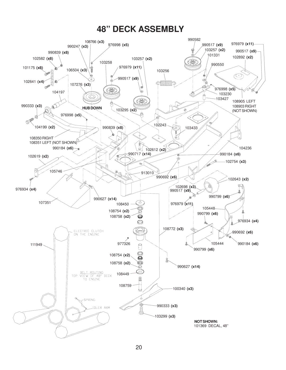 Yazoo/Kees ZMKW4817 manual Deck Assembly, HUB Down 