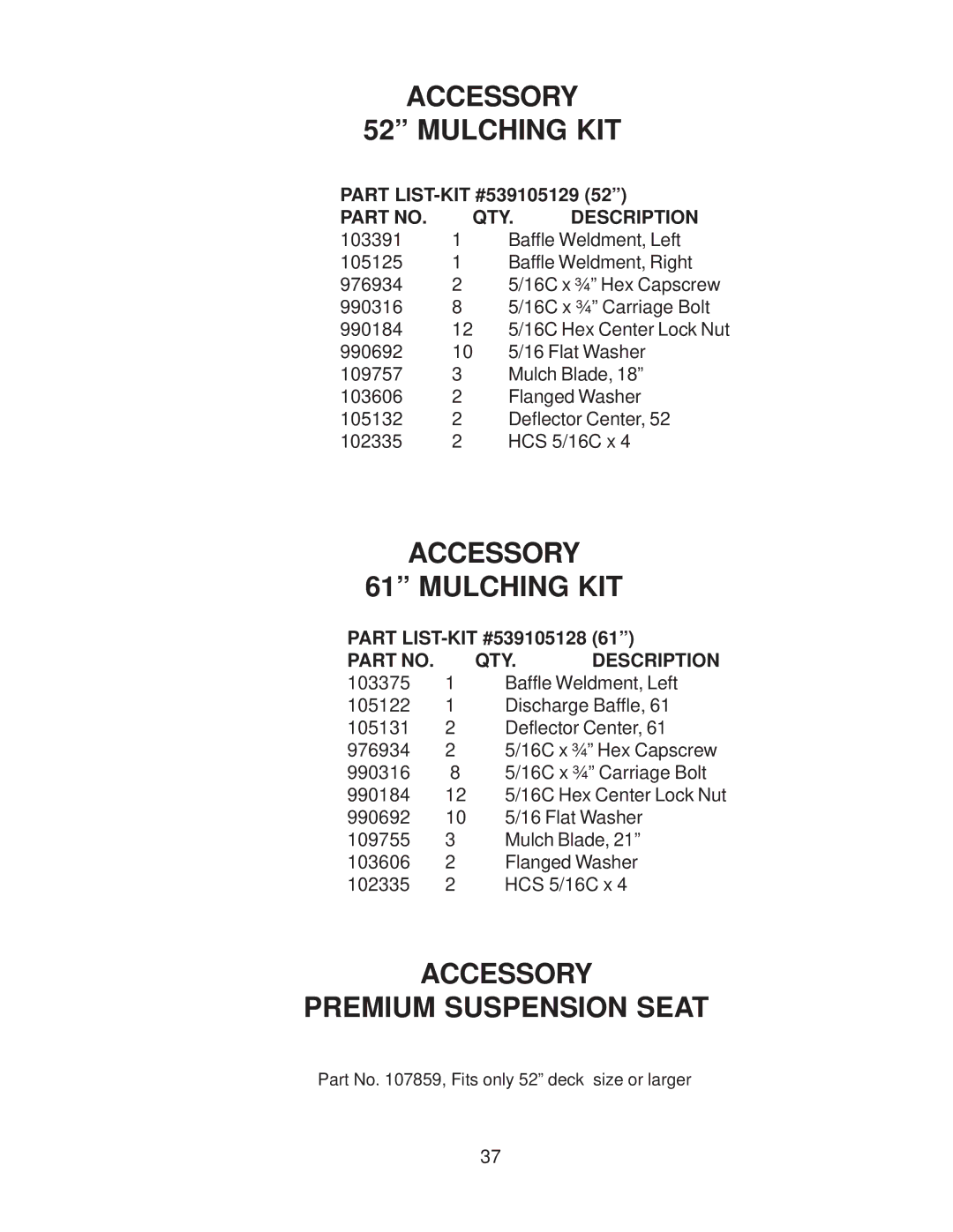 Yazoo/Kees ZMKW4817 manual Accessory Premium Suspension Seat, QTY Description 