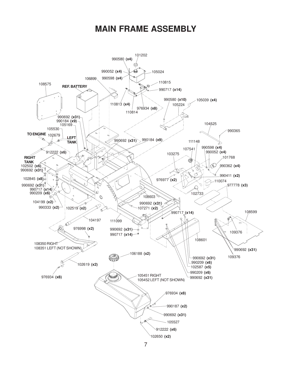 Yazoo/Kees ZMKW4817 manual Main Frame Assembly, REF. Battery 