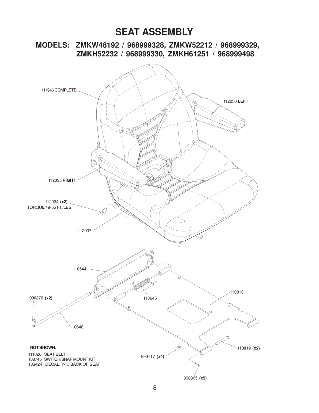 Yazoo/Kees ZMKW4817 manual Seat Assembly, Not Shown 