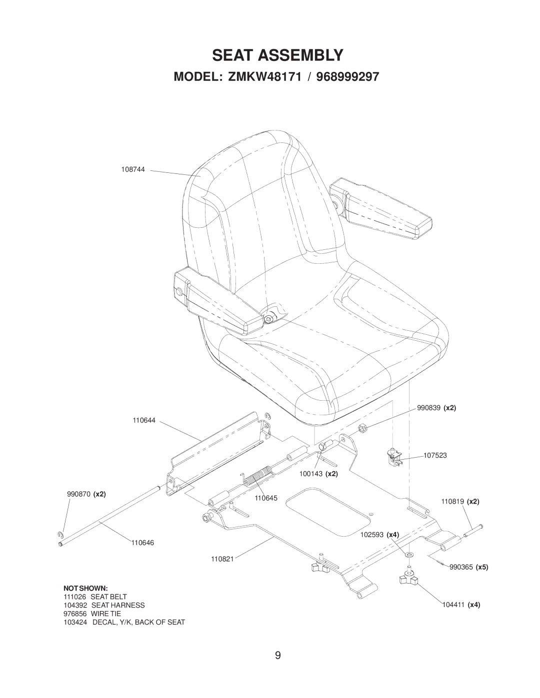 Yazoo/Kees ZMKW4817 manual Seat Belt Seat HARNESS104411 Wire TIE 