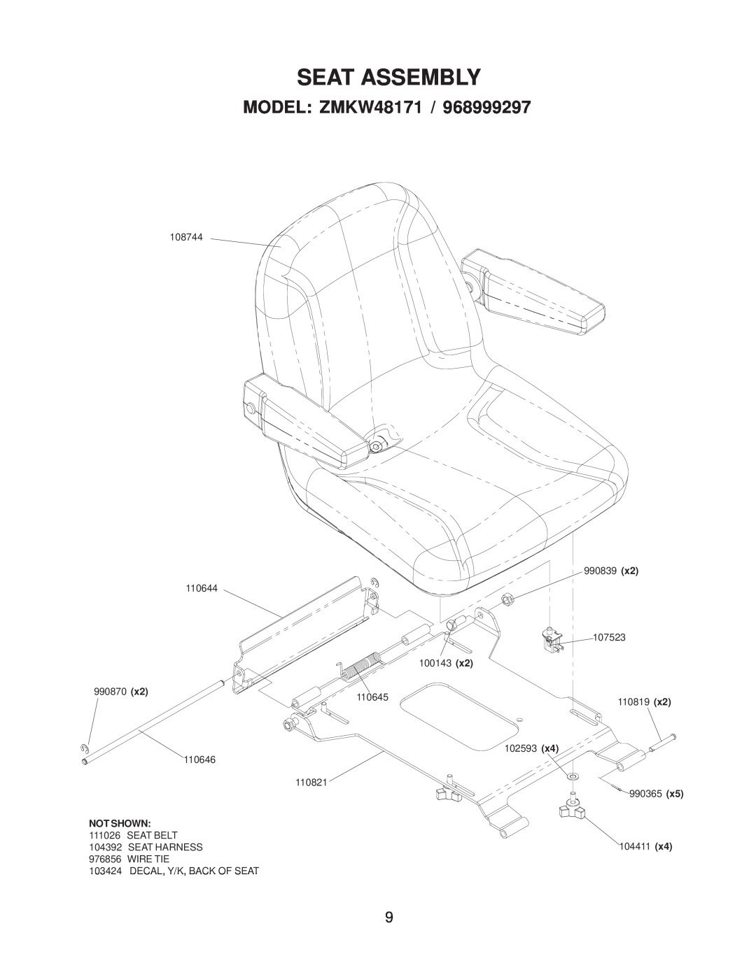 Yazoo/Kees manual Seat Assembly, MODEL ZMKW48171 