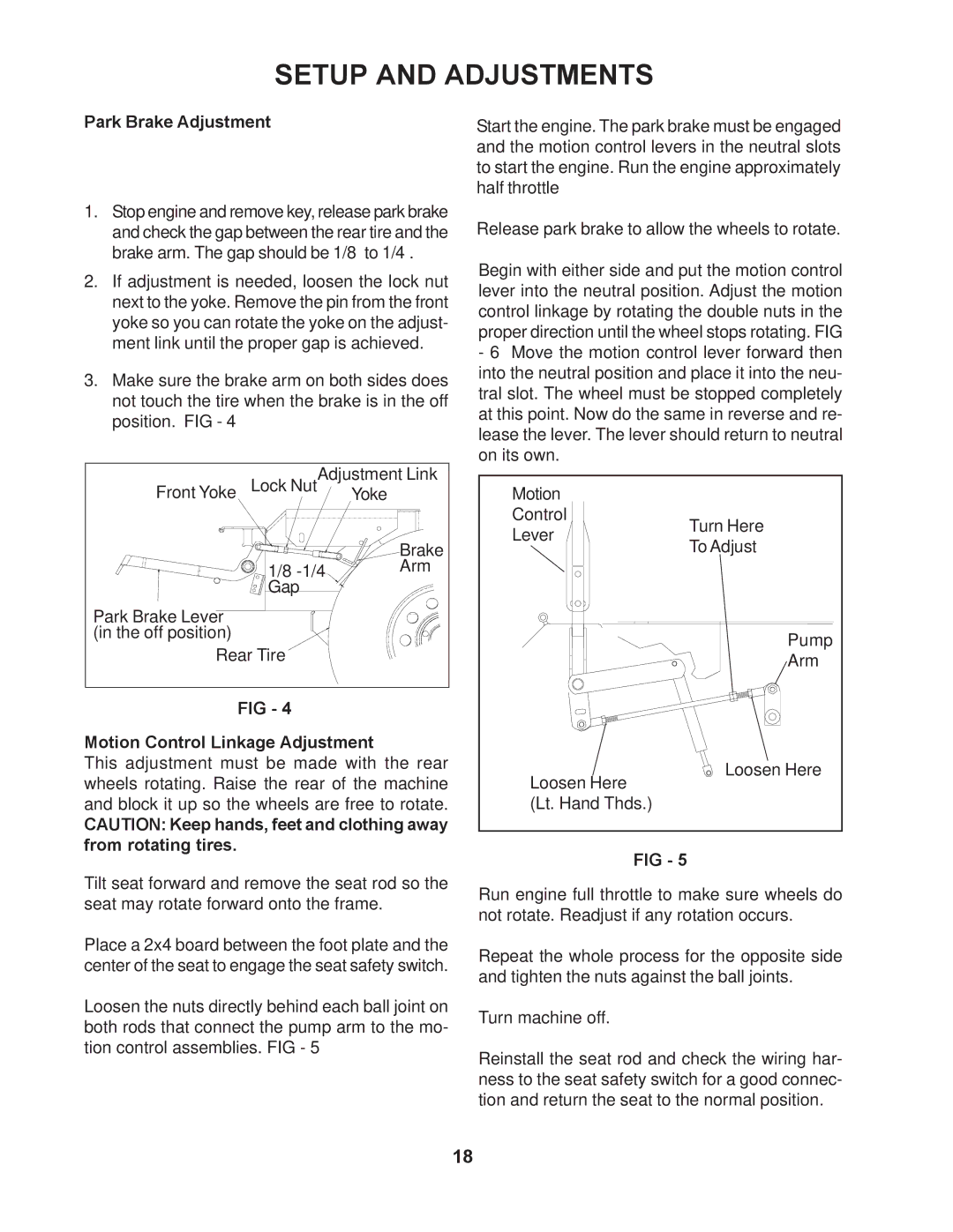 Yazoo/Kees ZMKW48171 manual Park Brake Adjustment, Motion Control Linkage Adjustment 