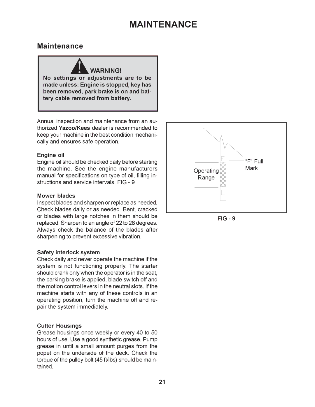 Yazoo/Kees ZMKW48171, ZMKW48192, ZMKW52212, ZMKH52232, ZMKH61251 manual Maintenance, Mower blades, Safety interlock system 