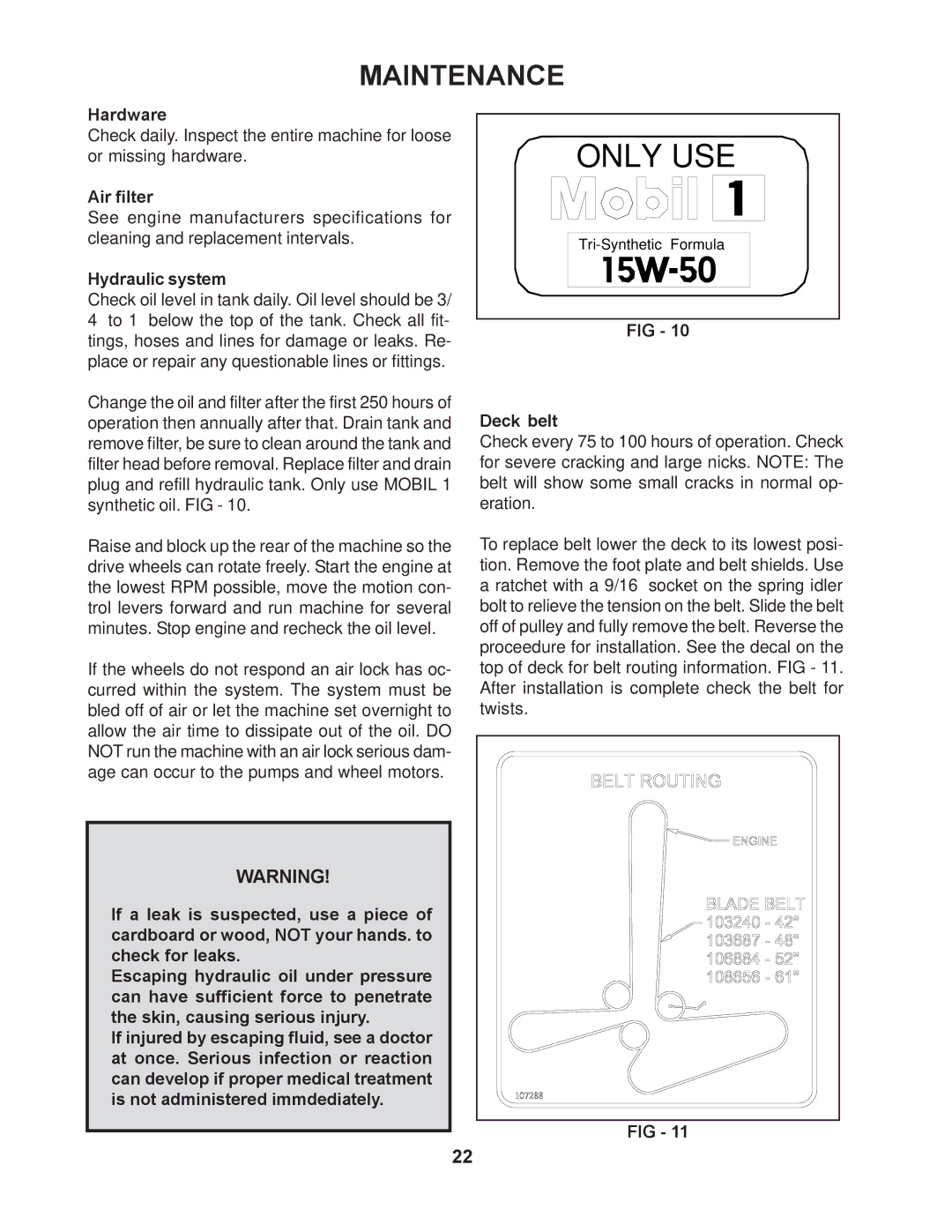 Yazoo/Kees ZMKW48171 manual Hardware, Air filter, Hydraulic system, Deck belt 