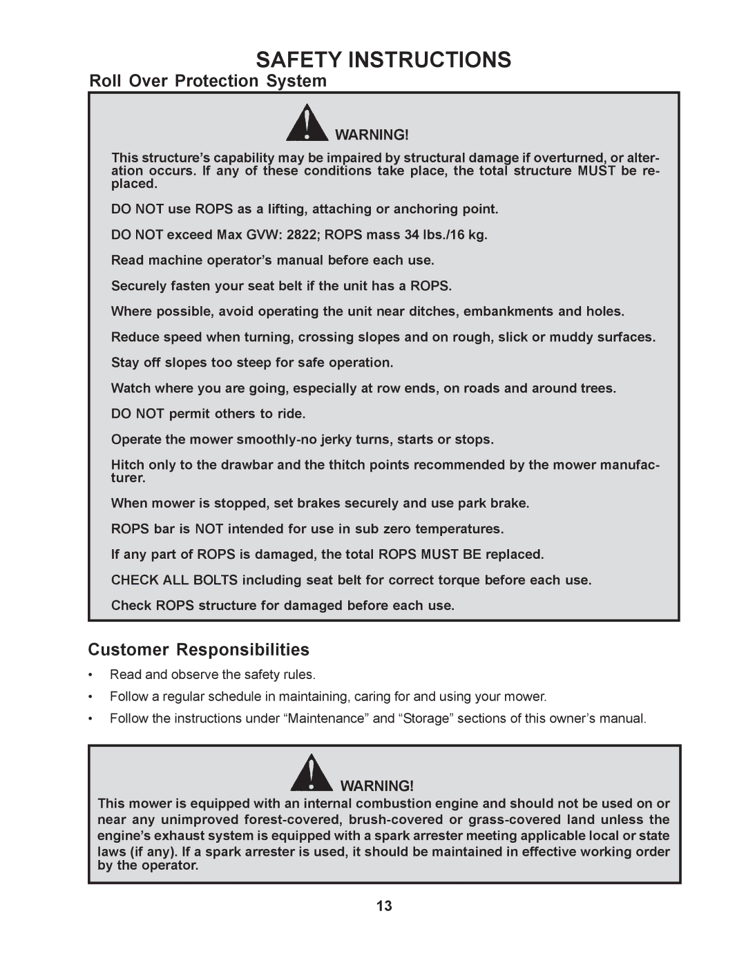 Yazoo/Kees ZMKH52251 / 968999532, ZMKW52211 / 968999466 manual Roll Over Protection System, Customer Responsibilities 